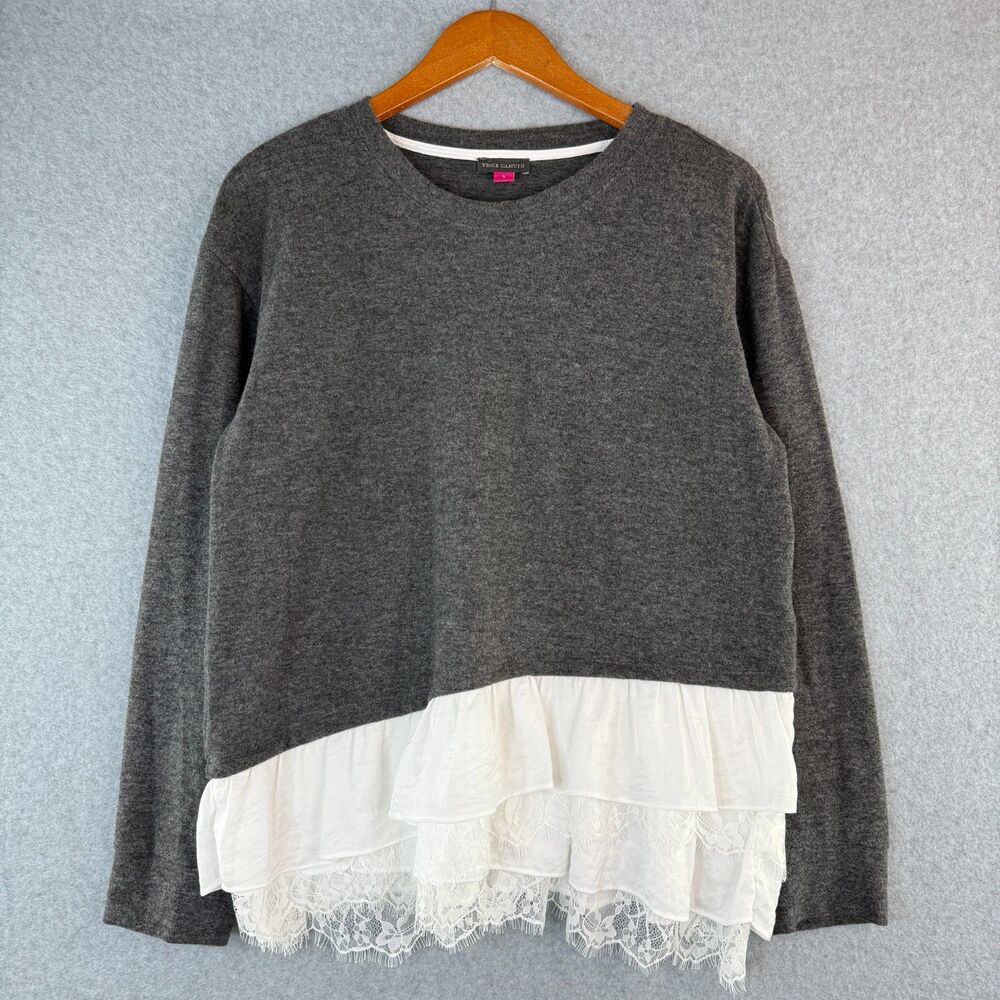 Vince Camuto Mixed Media Layered/ Pleated Grey Long Sleeve Sweater Preppy Size S